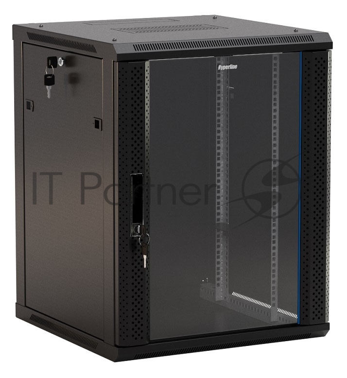 Шкаф настенный Hyperline TWB-1566-GP-RAL9004 19-дюймовый (19"), 15U, 775x 600х 600мм, стеклянная дверь с перфорацией по бокам, ручка с замком, цвет черный (RAL 9004) (разобранный)