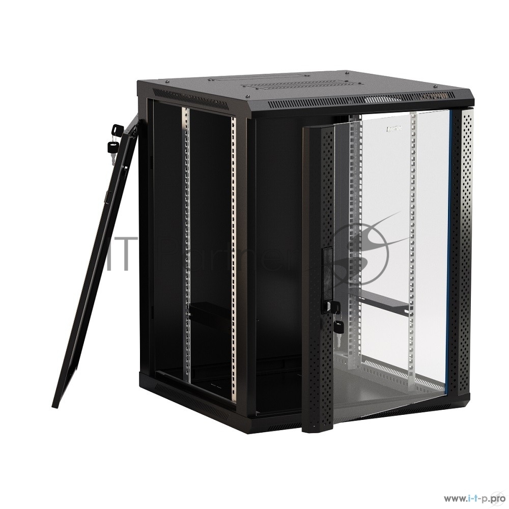 Шкаф настенный Hyperline TWB-0645-GP-RAL9004 19-дюймовый (19"), 6U, 367x 600х 450мм, стеклянная дверь с перфорацией по бокам, ручка с замком, цвет черный (RAL 9004) (разобранный)