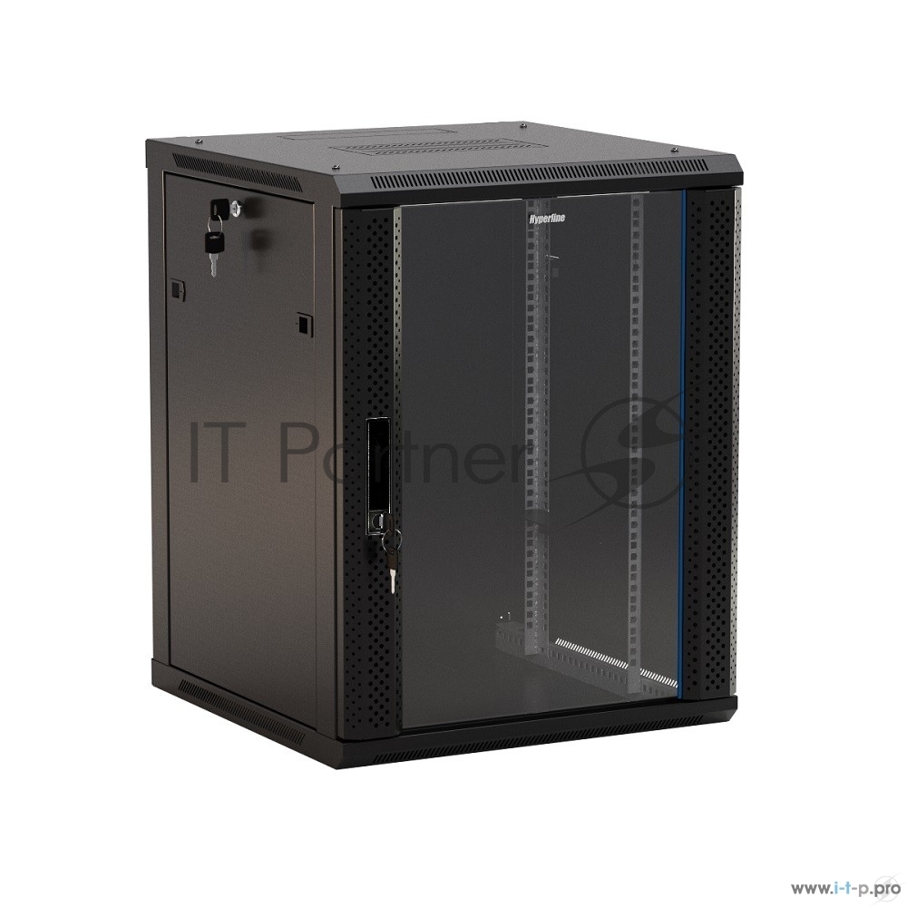 Шкаф настенный Hyperline TWB-1245-GP-RAL9004 19-дюймовый (19"), 12U, 650x 600х 450мм, стеклянная дверь с перфорацией по бокам, ручка с замком, цвет черный (RAL 9004) (разобранный)