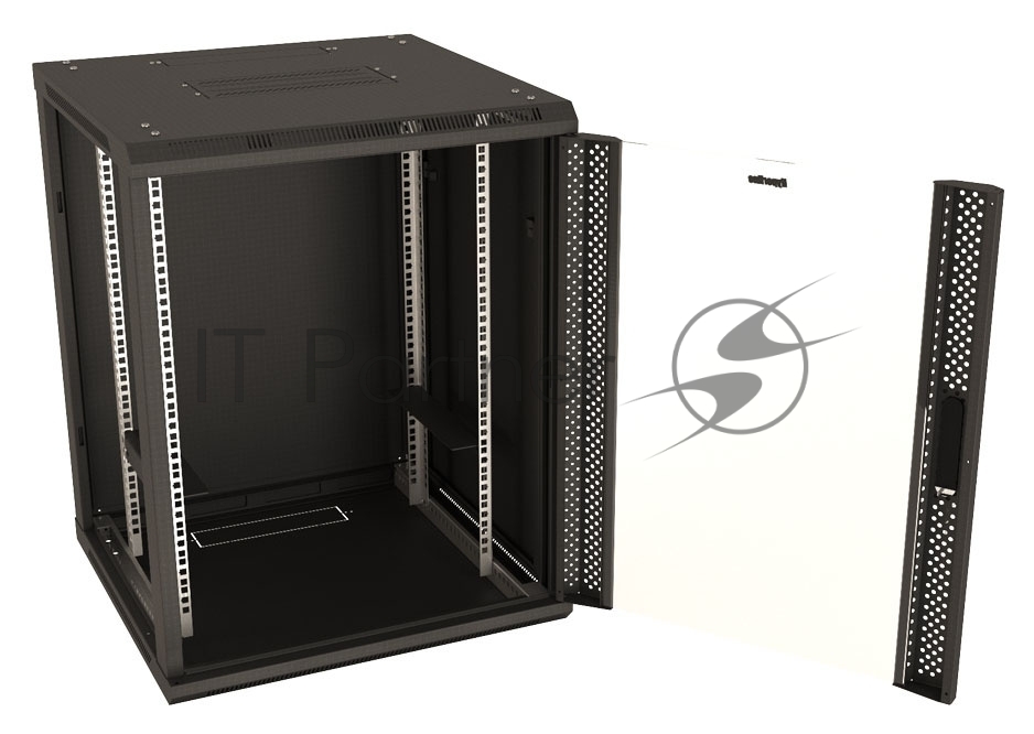 Шкаф настенный Hyperline TWB-1266-GP-RAL900419-дюймовый (19"), 12U, 650x 600х 600мм, стеклянная дверь с перфорацией по бокам, ручка с замком, цвет черный (RAL 9004) (разобранный)