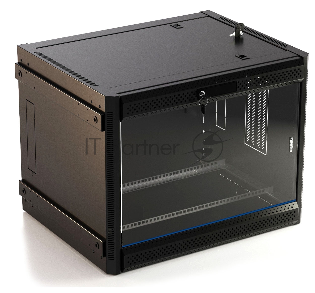 Шкаф настенный 19-дюймовый (19") Hyperline TWB-FC-1266-GP-RAL9004, 12U, 650x600x600 мм, стеклянная дверь с перфорацией по бокам, ручка с замком, с возможностью установки на ножки, цвет черный RAL 9004