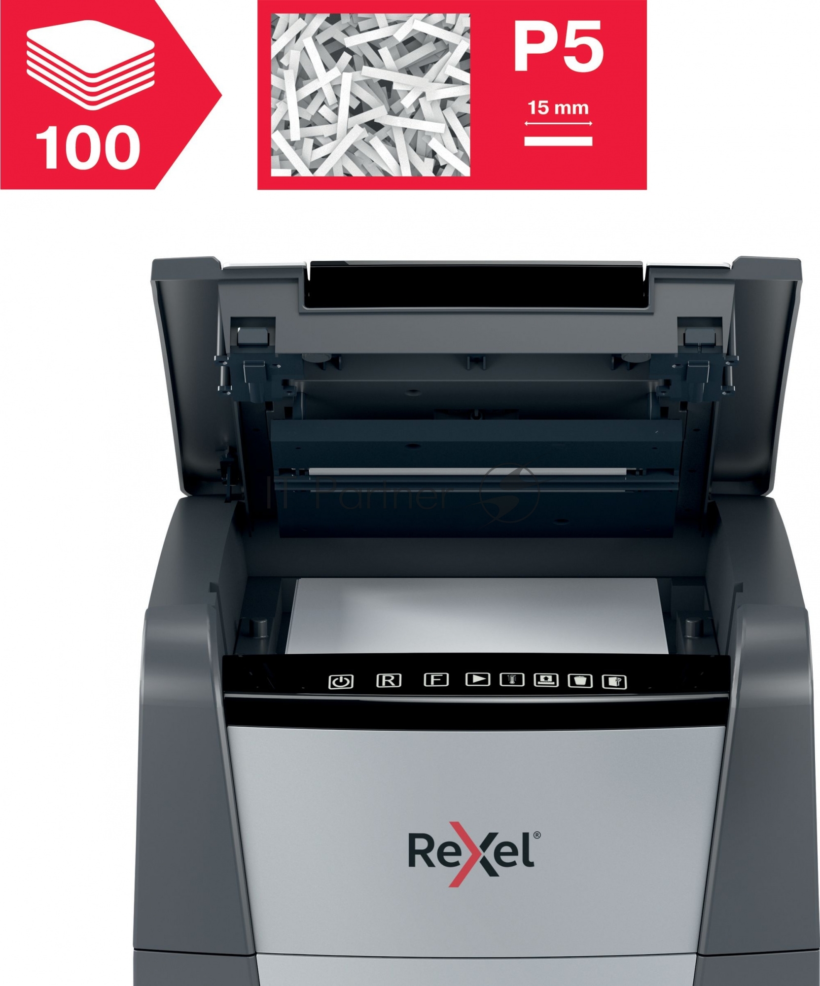 Шредер Rexel Optimum AutoFeed 100M черный с автоподачей (секр.P-5)/фрагменты/100лист./34лтр./скрепки/скобы/пл.карты