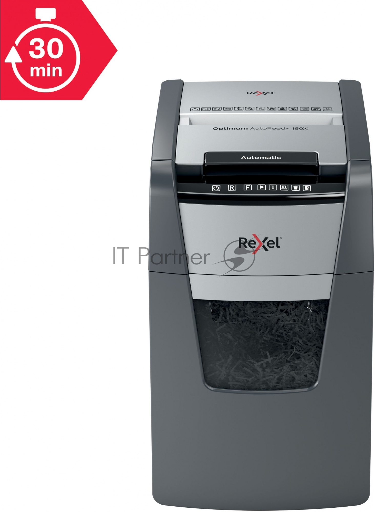 Шредер Rexel Optimum AutoFeed 150X черный с автоподачей (секр.P-4)/фрагменты/150лист./44лтр./скрепки/скобы/пл.карты