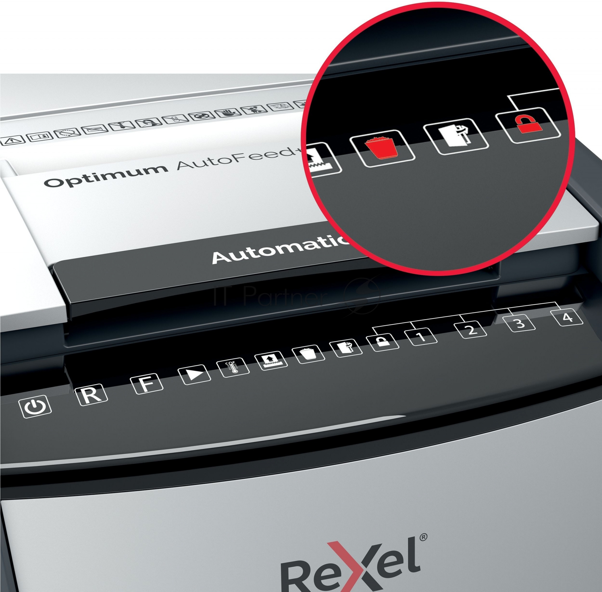 Шредер Rexel Optimum AutoFeed 50X черный с автоподачей (секр.P-4)/фрагменты/50лист./20лтр./скрепки/скобы/пл.карты