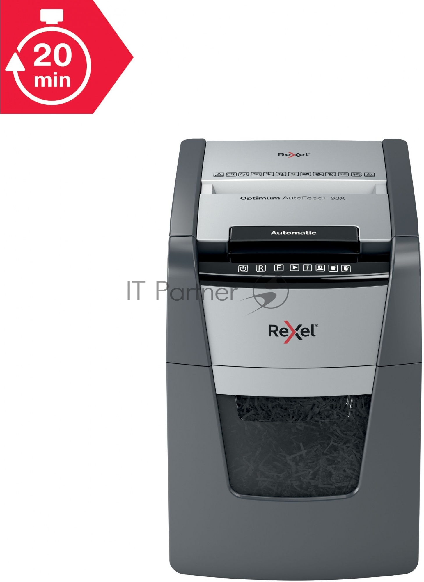 Шредер Rexel Optimum AutoFeed 90X черный с автоподачей (секр.P-4)/фрагменты/90лист./34лтр./скрепки/скобы/пл.карты