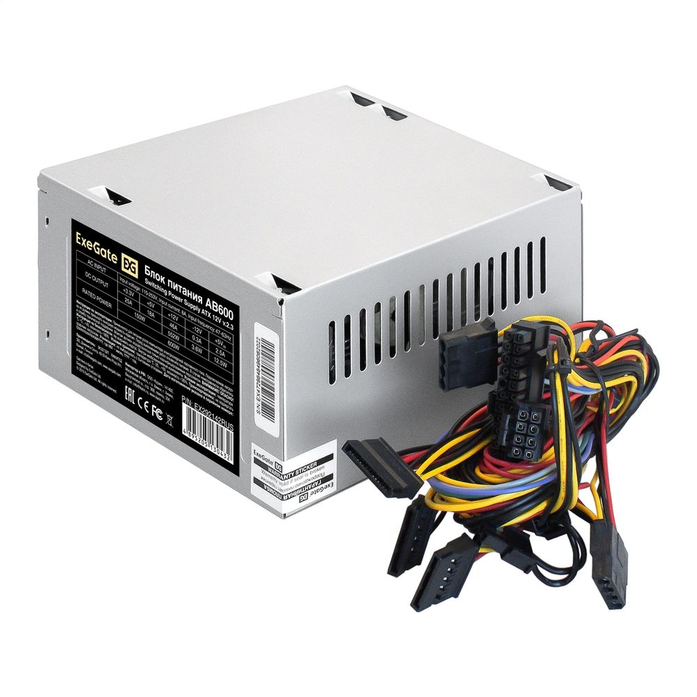 Блок питания ExeGate 600W AB600  (ATX, 8cm fan, 24pin, (4+4)pin, PCI-E, 3xSATA, 2xIDE)